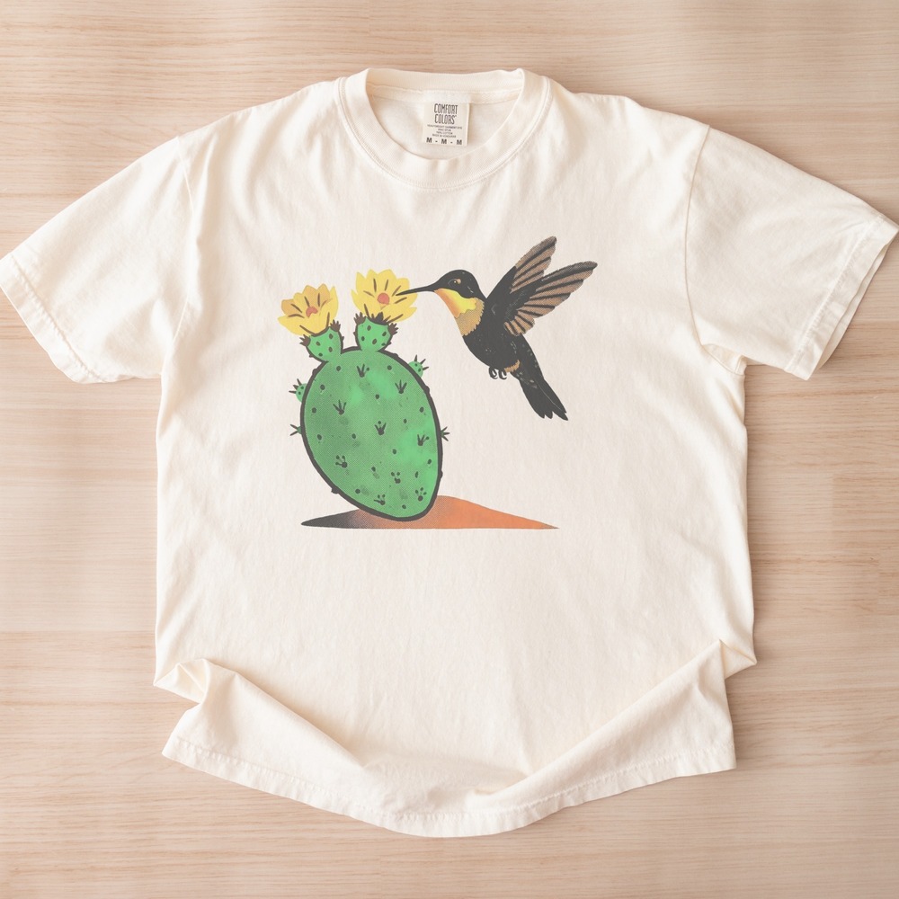 Hummingbird Feeding from Blooming Prickly Pear Cactus Tee